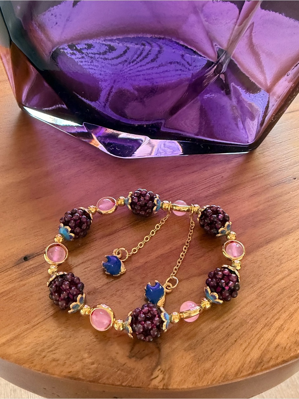 Gold-Plated Purple and Pink Beaded Women's Bracelet